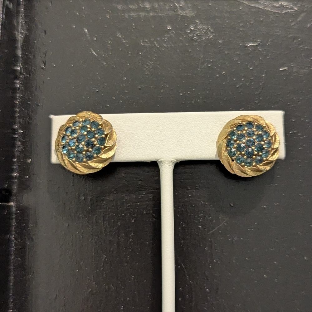 Crown Trifari Goldtone Blue Rhinestone Stud Clasp Earrings Signed